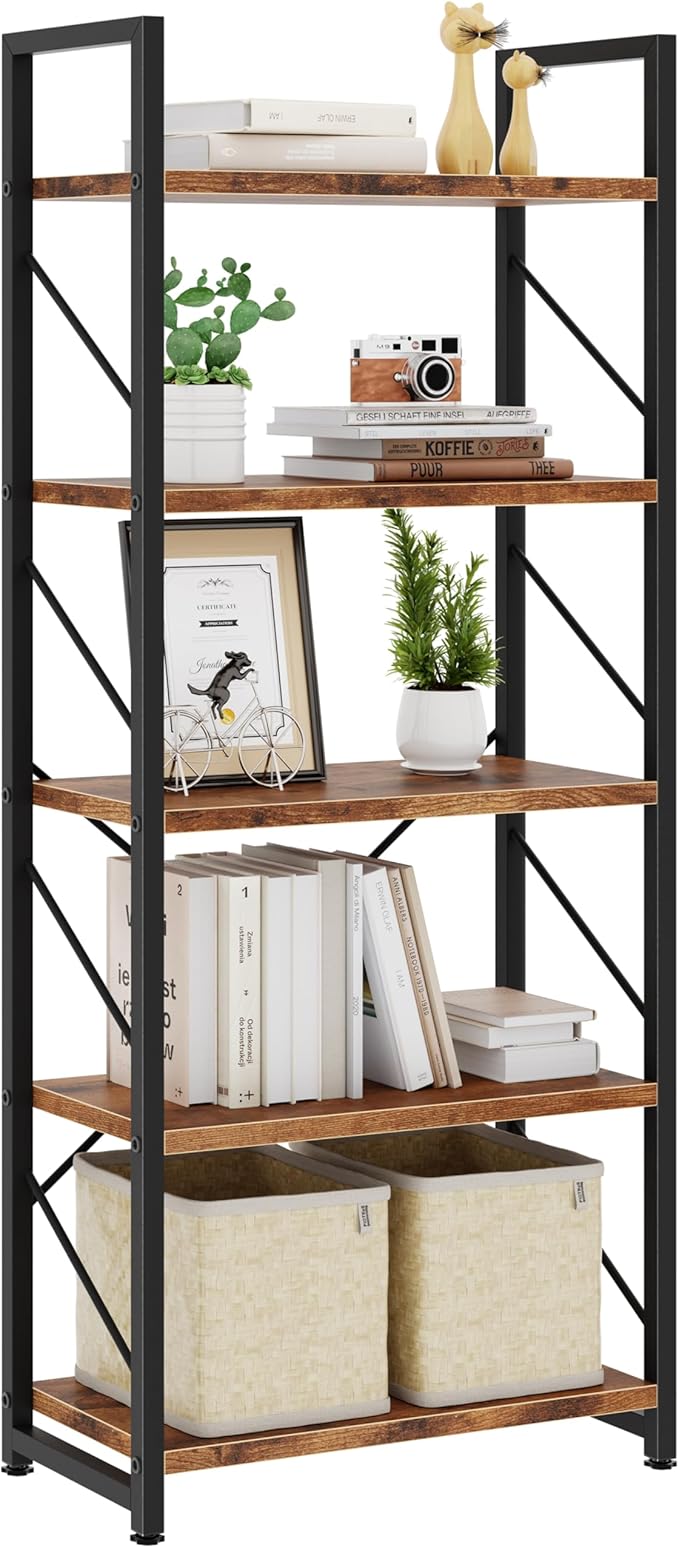 Bookshelf, 5 Tier Bookshelves, Home Office Bookcase Shelf Storage Organizer, Free Standing Storage Shelving Unit for Bedroom, Living Room and Home Office,Rustic Brown