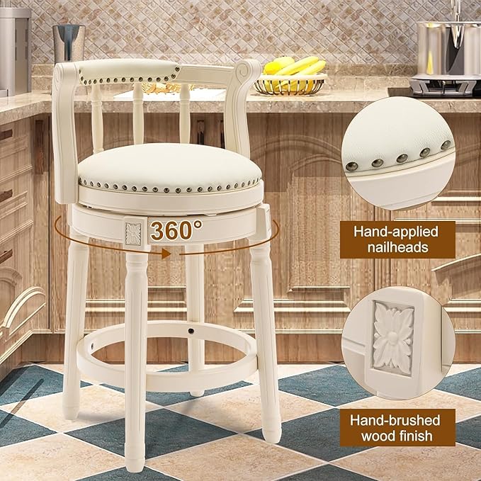 Cow top Leather Wooden Bar Stools, 360 Degree Swivel Bar Height Chair with Backs for Home Kitchen Counter, Morden Chair Barstools (Ivory Wood 2pcs-Cream Seat, Counter Height-Seat Height 26”)