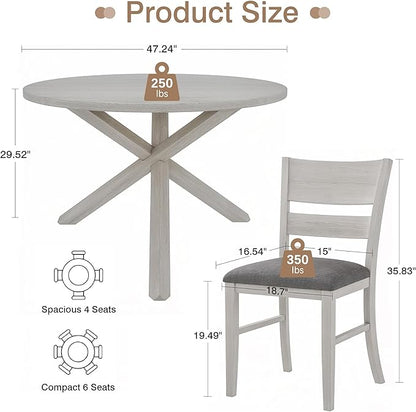 VECELO Peatuk 4-Piece Solid Wood Dining Table Set for 4-6, Modern Breakfast Dinette Kitchen Table with Chairs for Dining Room, Kitchen, Grey