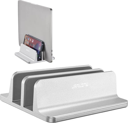 JARLINK Vertical Laptop Stand Holder, Aluminum Double Desktop Stand Holder with Adjustable Dock (Up to 17.3 inch), Compatible with MacBook, Surface, Chromebook, and Gaming Laptops, Silver