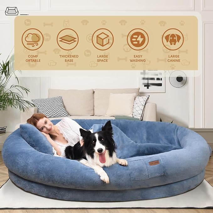 Human Dog Bed for Adult Kids, 70"x33"x12" Washable Faux Fur Human Size Dog Bed for People Doze Off, Grayish Blue