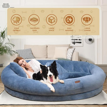 Human Dog Bed for Adult Kids, 70"x33"x12" Washable Faux Fur Human Size Dog Bed for People Doze Off, Grayish Blue
