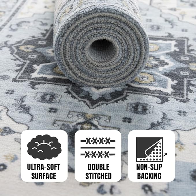 Muddy Mat짰 Azure 2ft x 10ft Washable Area Rugs for Living Room, Bedroom & Dining Room ??Modern Soft Low Pile Non Slip Carpet ??Pet Friendly Waterproof Foldable Rugs for Home