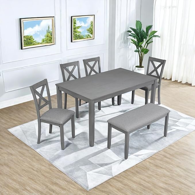 Dining Table Set, 6-Piece Kitchen Table & Chair Set with Rectangular Dining Table, 4 Upholstered X-Shaped Backrest Chairs and a Bench, Wooden Dining Table Set for 6 People, Gray