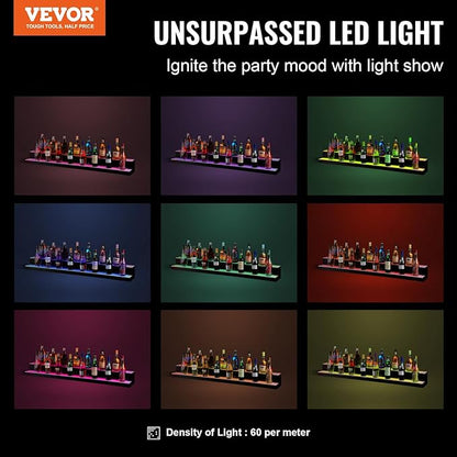 VEVOR LED Lighted Liquor Bottle Display, 2 Tiers 60 Inch Commercial Illuminated Home Bar Shelf, 2 Steps Whiskey Rack Stand, Acrylic Drink Shelves with RF Remote & App Control, and Multicolor Light