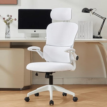 Ergonomic Mesh Office Chair, 400 lbs Capacity, High Back Desk Chair with Adjustable Lumbar Support, 3D Headrest, Flip-Up Armrests, and PU Wheels for Long Workdays and Home Office (White)