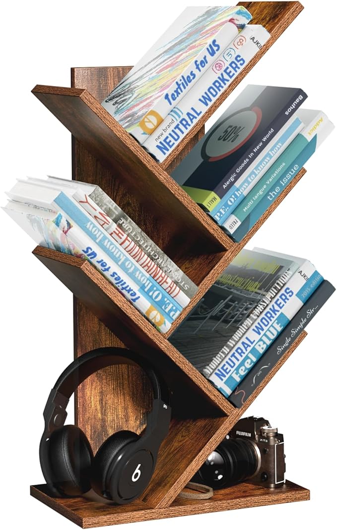 5 Tier Tree Book Shelf, Small Desktop Bookshelf with Storage Organizer, Wood Bookcase, Desk Display Bookshelves, Floor Standing Organizer Bookcases for Living Room,Bedroom,Office-Brown