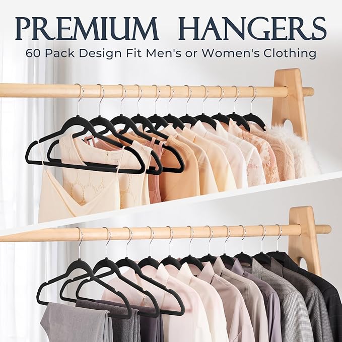 HOUSE DAY Black Velvet Hangers 40 Pack, Non Slip Clothes Felt Hanger Heavy Duty for Coat, Premium Slim Space Saving Suit Hangers for Closet Organizer, 360° Rotating Silver Hook