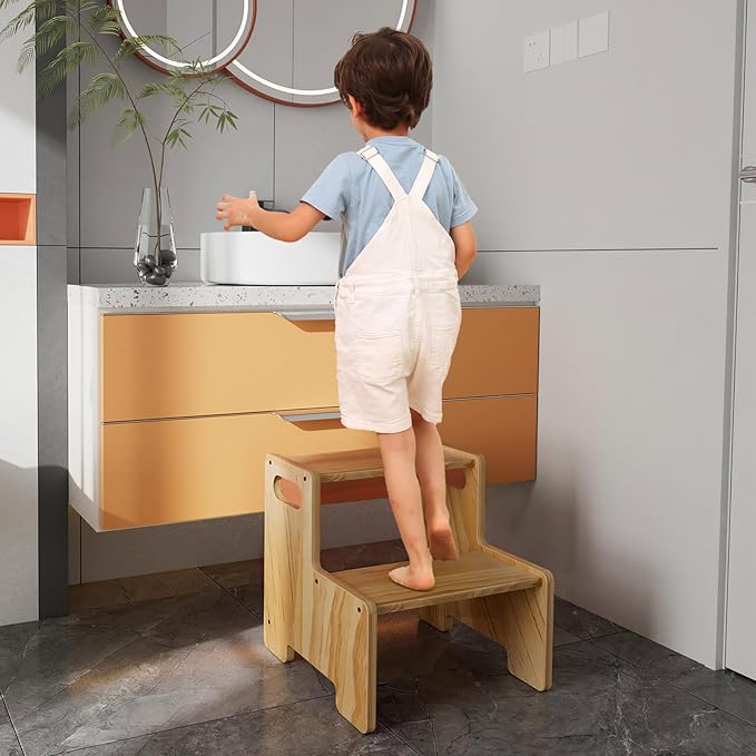 Wooden Step Stool for Kids,Supports 300 lbs Kids Toddler Stepping Stool Toilet/Kitchen/Bed Foot Stool,Natural,2 Packs