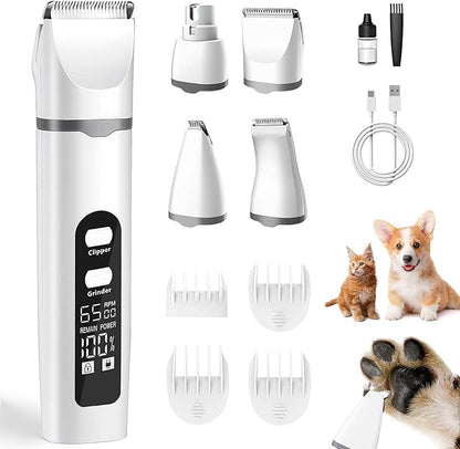 Dog Clippers for Grooming, 4 in 1 Dogs Paw Trimmer Pet Grooming Kit, Low Noise Dog Shavers with Nail Grinder Quiet, Rechargeable Cordless Electric Pets Clippers, 2-Speed Pet Hair Trimmer for Dogs Cat