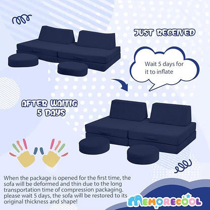 MeMoreCool Kids Couch for Playroom, Corduroy Convertible Toddler Couch, 8 Piece Modular Play Sofa, Foam Fort Building Set for Child Room Furniture, Navy