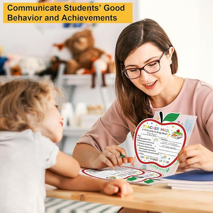 50Pcs Teacher Mail Notes to Parents, Happy Mail from Teacher, Brag Cards for Students Behavior Classroom Must Haves to Send Home for Preschool Kindergarten Elementary School Supplies (Apple)