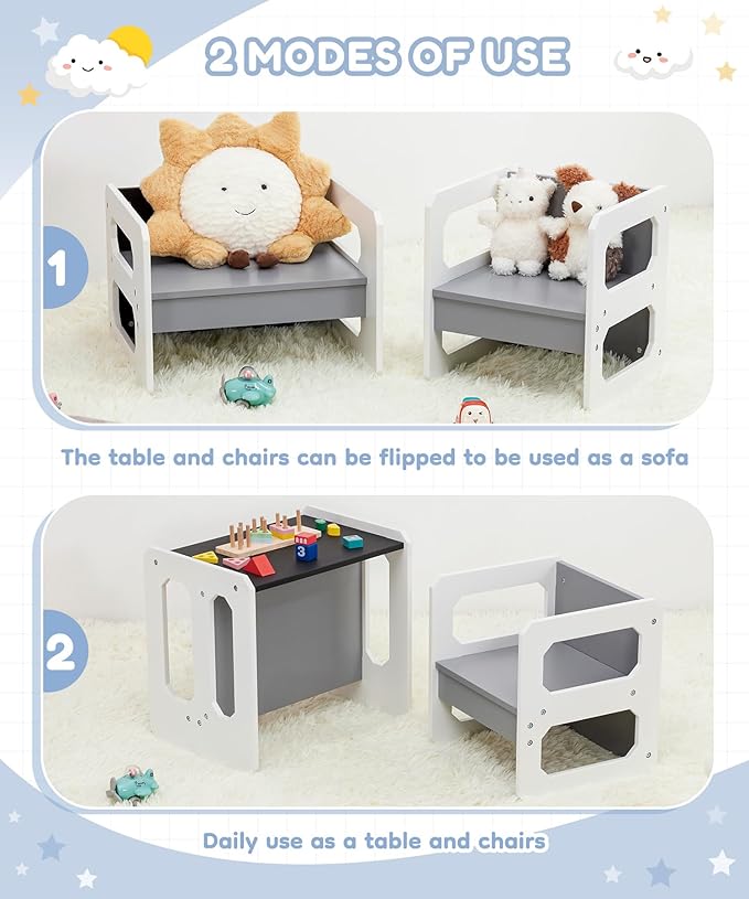 Kids Table and Chair Set, 3-in-1 Wooden Children's Furniture with Blackboard, Water Resistant, Easy to Clean,Toddler Weaning Table for Bedroom, Playroom, Living Room (Grey and Black)