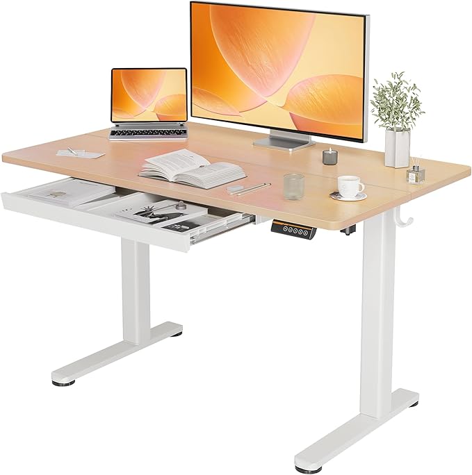 YDN Standing Desk with Drawers, Height Adjustable Desk 48 x 24 Inch, Electric Sit Stand Home Office, Natural