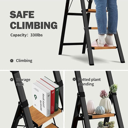 5 Step Ladder, Lightweight Folding Step Stool with Anti-Slip Aluminum Wide Pedal& Convenient Handgrip, 330lbs Capacity Steel Ladder for Household and Office (Black&Woodgrain)