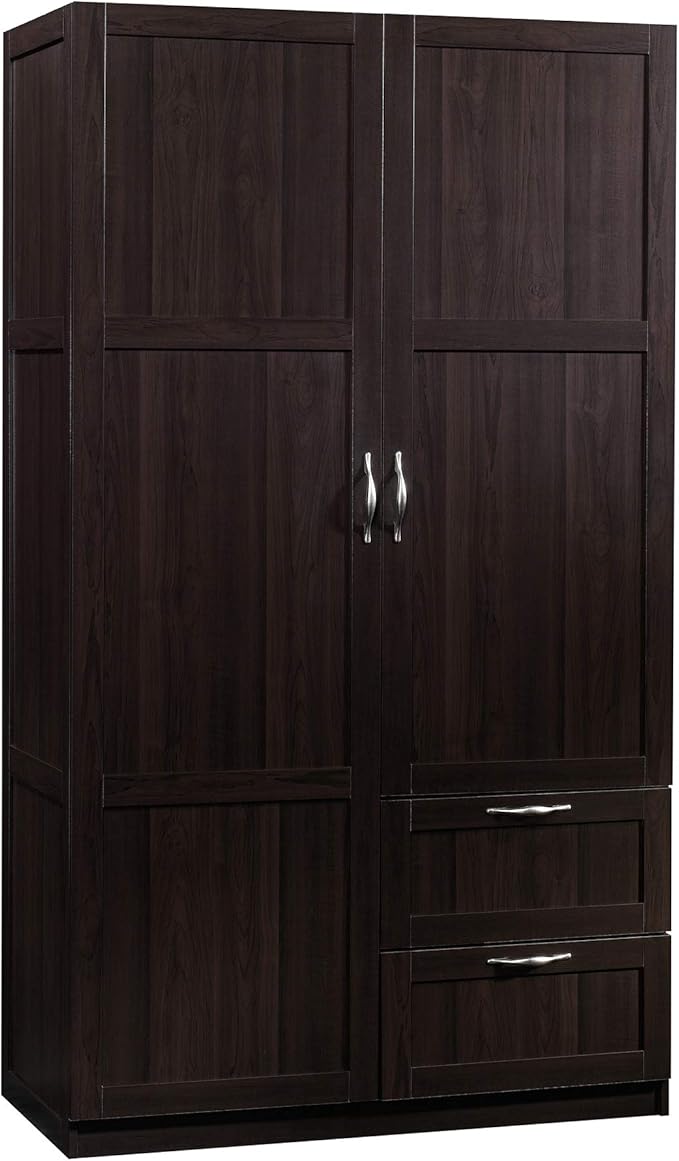 Sauder Select Multipurpose Bedroom Armoire Wardrobe Closet Pantry Storage Cabinet with Storage Drawers and Hanging Rail, in Cinnamon Cherry