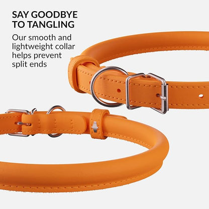 CollarDirect Rolled Leather Dog Collar, Soft Padded Round Puppy Collar, Handmade Genuine Leather Collar Dog Small Large Cat Collars 13 Colors (8-11 Inch, Orange Smooth)