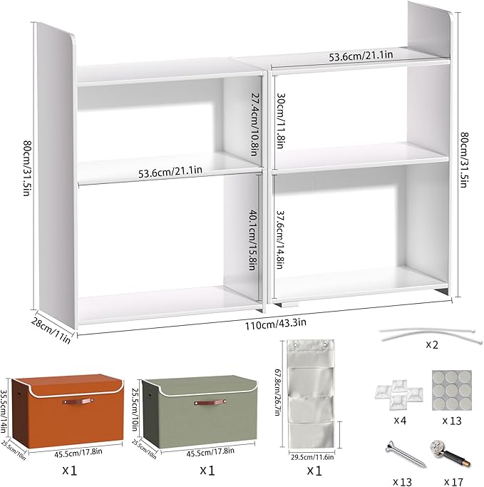 4 Cube Storage Organizer, 32inch Wooden Extendable Book Shelf DIY Bookcase with 2 pcs Storage Cabinet and Side Pockets, Open Storage Cabinet for Living Room, Bedroom, Home, Office