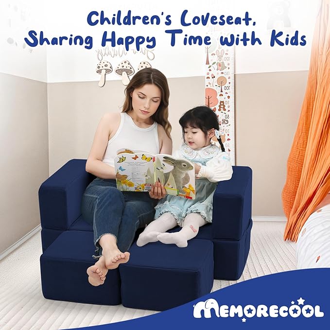 MeMoreCool Convertible Modular Kids Foam Play Couch Sofa – Navy Fold-Out Toddler Couch for Playroom or Bedroom