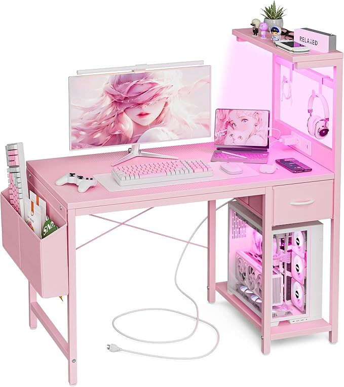 Gaming Desk 47 Inch with Power Outlet and LED Light, Computer Desk with Reversible Shelves and Storage Drawer, Pc Small Workstation for Home Office Table with Bag, Carbon Fiber Pink