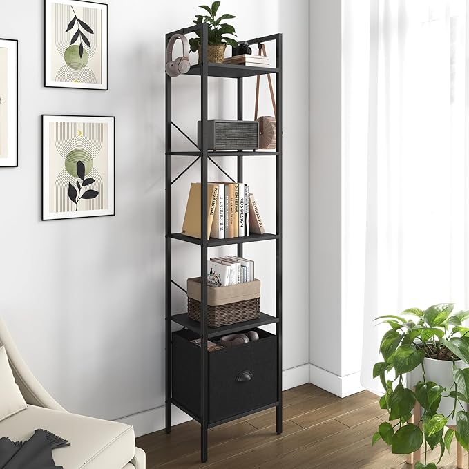 Generic 5 Tier Bookshelves,Tall Narrow Bookcases with Shelves, Bookcase Storage Organizer,Industrial Bookshelf with Drawer,Display Shelves Bookcases for Living Room, Bedroom,Kitchen and Office,Black