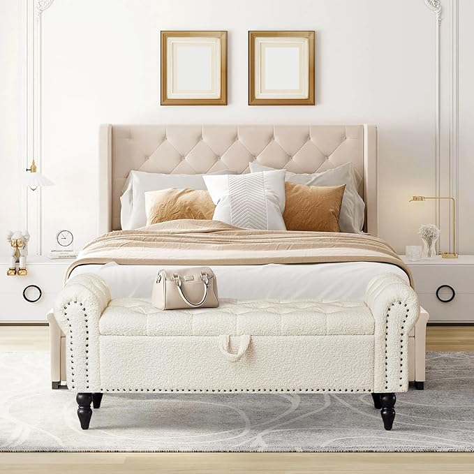 Furniliving Modern Storage Ottoman Bench, Sherpa Ottoman End of Bed Bench with Solid Wood Legs Upholstered Ottoman Benches with Storage Indoor Bench for Living Room with Rolled Arm, Entryway, White