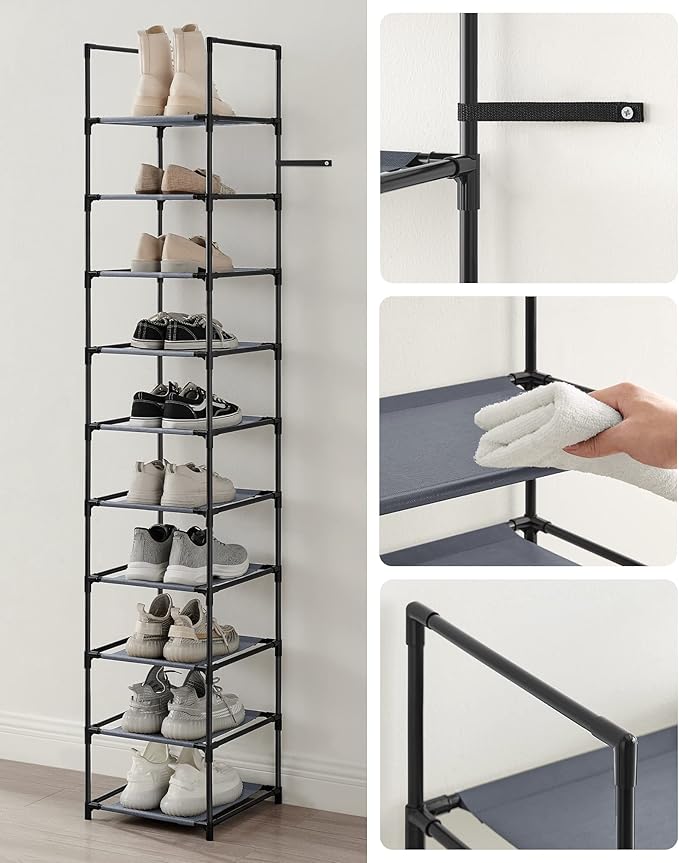 SONGMICS Shoe Rack, 10-Tier Shoe Shelf, Shoe Storage Organizer, 13 x 13 x 68 Inches, Metal Frame, Non-Woven Fabric Shelves, for Entryway, Bedroom, Gray ULSR110G01