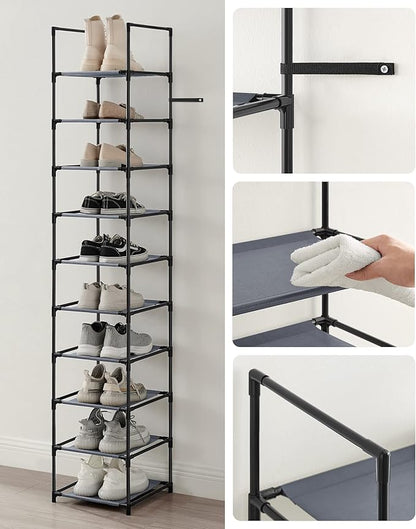 SONGMICS Shoe Rack, 10-Tier Shoe Shelf, Shoe Storage Organizer, 13 x 13 x 68 Inches, Metal Frame, Non-Woven Fabric Shelves, for Entryway, Bedroom, Gray ULSR110G01