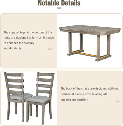 Merax 6-Piece Rubber Wood Dining Table Set with 4 Cushioned Chairs and Bench, Beautiful Wooden Grain Pattern Tabletop, Grey