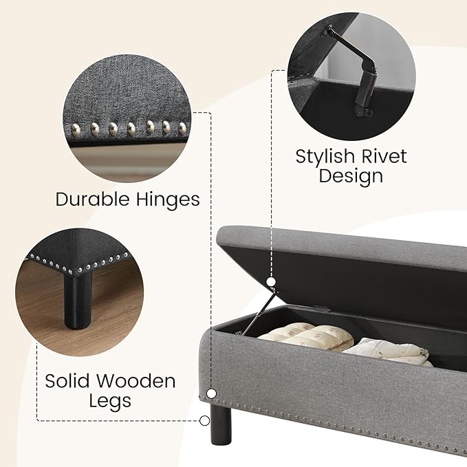 Furniliving Ottoman Bench with Storage, Folding Storage Ottoman Bench with Wood Legs, Upholstered Bedroom Bench with Button-Tufted, Entryway Bench Storage Bench for Bedroom, Linen (Darkgrey)