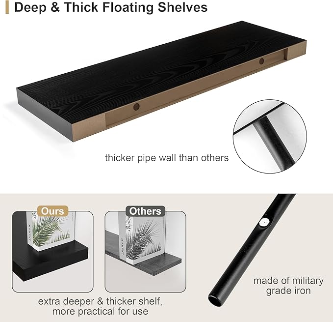 Heimlove Black Bathroom 12'' Deep Floating Shelves for Wall - Shelf Over Toilet Wall Mounted Farmhouse 24 inches,Rustic Wood Shelves Decor & Storage,Set of 1