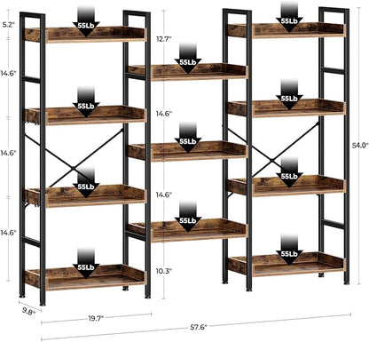 Rolanstar Bookshelf 4 Tiers with 4 Hooks, Triple Bookcase with Open Display Shelves, Industrial Wide Bookshelf with Metal Frame for Living Room, Office, Rustic Brown