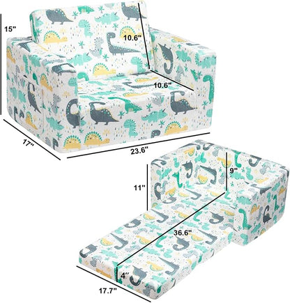 ALIMORDEN 2-in-1 Flip Out Cuddly Sherpa Toddler Couch, Convertible Sofa to Lounger, Dinosaur
