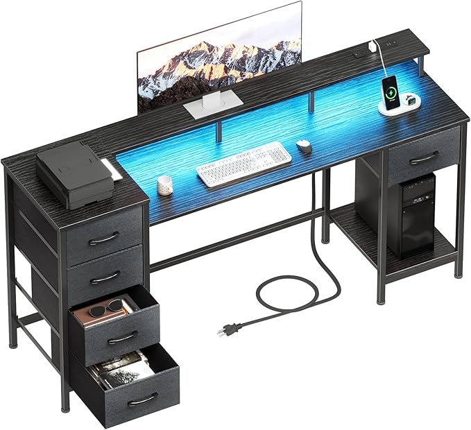 55 Inch Computer Gaming Desk with Power Outlets LED Lights Reversible Home Office with Adjustable Fabric Storage Drawers for Working Writing Study, Black