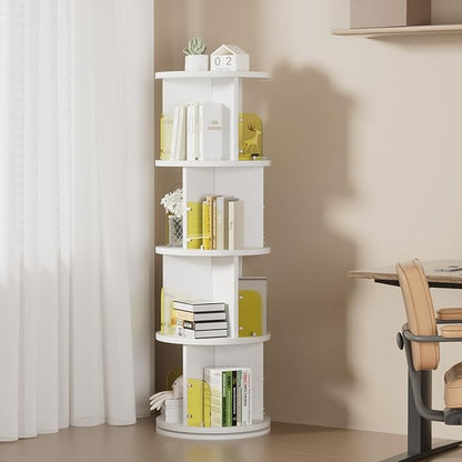 VECELO 4-Tier Rotating Bookshelf, Small Corner Bookshelf for Small Space, 360 Display Floor Standing Bookcase Storage Rack, Wood Narrow Book Shelf Organizer for Bedroom, Living Room, White