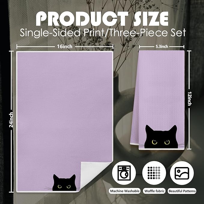 Preppy Black Cat Kitchen Dish Towels, Black Cat Gifts for Women, Dopamine Cute Kitty Kitten Decorative Hand Tea Towels for Bathroom Kitchen, 16x24 Inches Set of 3