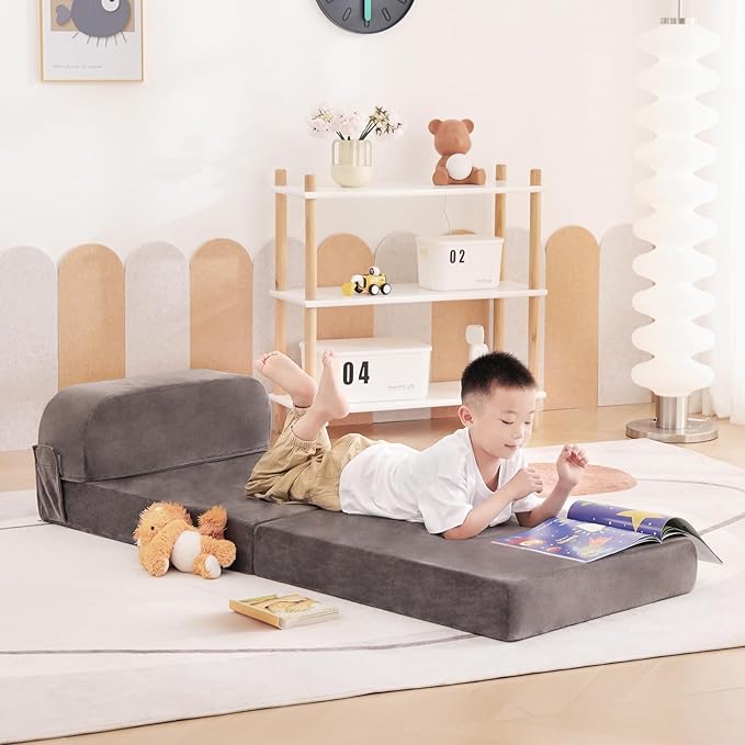 Tiita Folding Sofa Bed for Kids, Toddler Fold Out Couch Bed with Removable Cover, Kids Futon Sleeper Chair Folding Bed Mattress for Kids Room, Living Room, Guest Room,Gray
