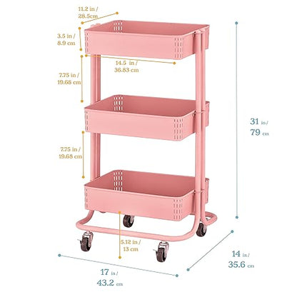 ECR4Kids 3-Tier Metal Rolling Utility Cart, Multipurpose Storage, Pink