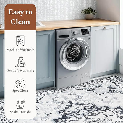 Rugflix 5x7 Area Rug for Living Room, Machine Washable Area Rugs with Non-Slip Backing, Large Soft Boho Vintage Rug for Bedroom, Dining Room, Low Pile Carpet, Kids Pet Friendly, Grey