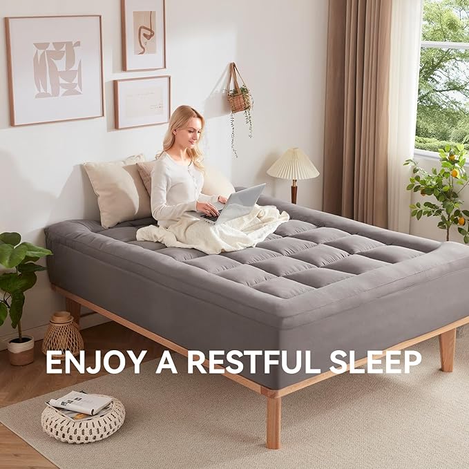 BDEUS Dual Layer 5 Inch Memory Foam Mattress Topper Full Size, 2 Inch Gel Memory Foam Plus 3 Inch 1450 GSM Down Alternative Quilted Pillow Top Mattress Pad Cover,Dark Gray