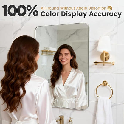 22X32 Inch Brushed Nickel Bathroom Mirror for Wall, Brushed Silver Metal Framed Mirror, Rounded Rectangle Silver Bathroom Mirrors, Tempered Glass, Anti-Rust, Hangs Horizontally or Vertically