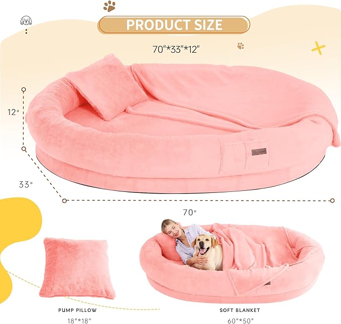 Human Dog Bed for Adult Kids, 70"x33"x12" Washable Faux Fur Human Size Dog Bed for People Doze Off, Pink