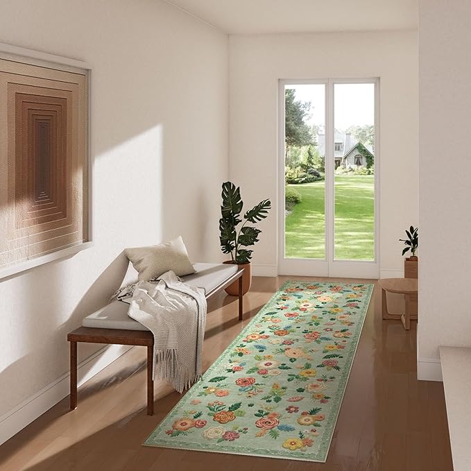 Machine Washable Runner Rug for Hallway: 2'6"x8' Kitchen Runners Rug with Rubber Backing Non Slip Stain Resistant Floral Floor Rug Soft Carpet Runners for Indoor Entryway Bedroom Bedside Living Room