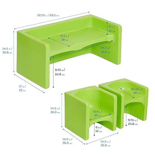 ECR4Kids Tri-Me Table and Cube Chair Set, Multipurpose Furniture, Lime Green, 3-Piece