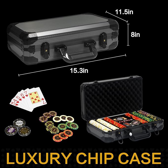 13.5 Gram Clay Poker Chip Set Texas Hold'em Casino Chips 2 Decks of Cards, Aluminum Case Dealer Buttons, for Blackjack Poker Games (300 PCE)
