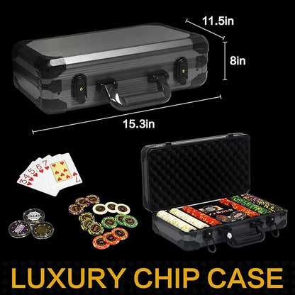 13.5 Gram Clay Poker Chip Set Texas Hold'em Casino Chips 2 Decks of Cards, Aluminum Case Dealer Buttons, for Blackjack Poker Games (300 PCE)