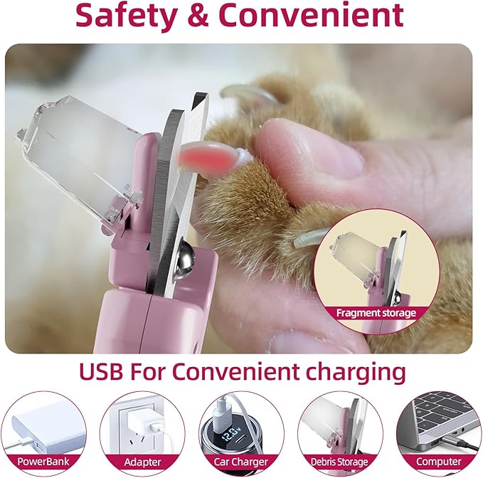KWV 2 in 1 Cat Nail Clippers & Dog Nail Clippers Trimmers for Medium Small Dogs Cats Claw Trimmer Quick Sensor USB Rechargeable with 2 LED Lights Dogs Nail Trimmer (Pink-Not for Black Nails)