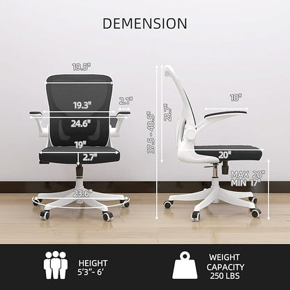 Monhey Office Chair - Ergonomic Office Chair with Lumbar Support & Flip Up Arms Home Office Desk Chairs Rockable High Back Swivel Computer Chair White Frame & Black Mesh Study Chair