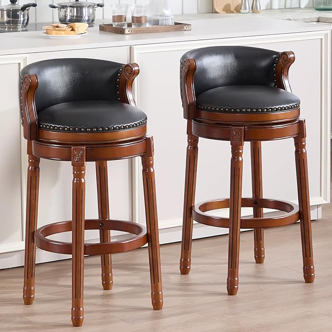 Cow top Leather Wooden Bar Stools, 29.5" Bar Height Bar Chair with Back, 180 Degrees Swivel Barstools Chair for Home Kitchen Counter,Dining Room (Black-2pcs, Bar Height-Seat Height 29.5”)