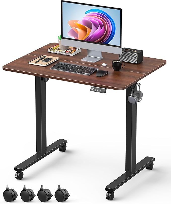 Small Height Adjustable Electric Standing Desk, 31.5" x 23.6" Sit Stand up Desk with Splice Board, Ergonomic Rising Computer Home Office Desk Table with Memory Preset, Black Frame/Walnut Top